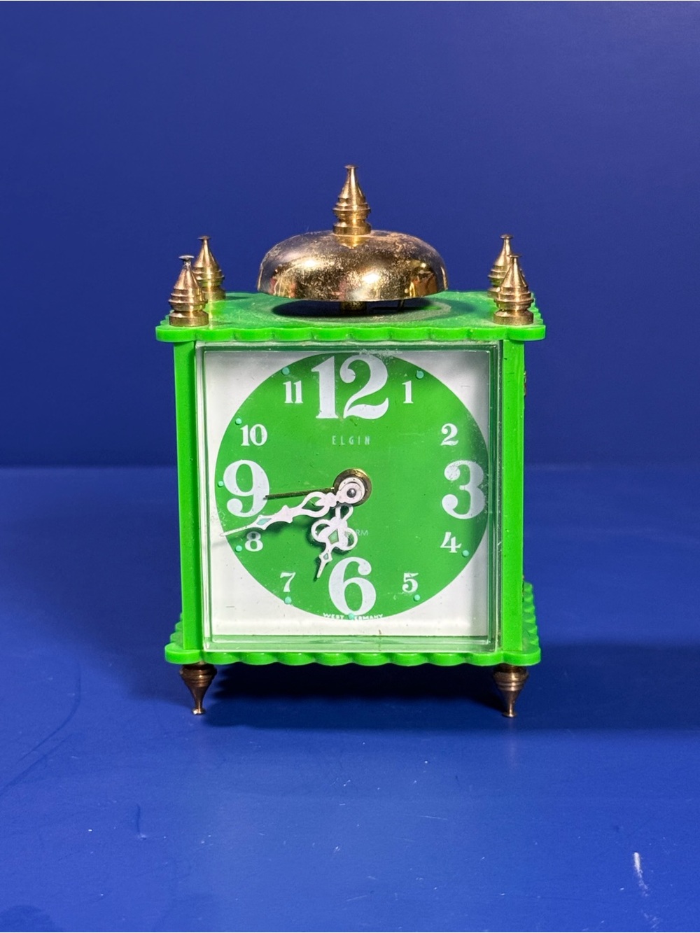 Vintage Elgin Alarm Clock – West Germany – Works – Mini 4” - Green w Gold Accent